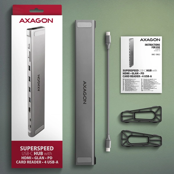 AXAGON multifunkční HUB 9v1, 4x USB-A, USB-C, HDMI 4K@60Hz, RJ45, microSD/SD, PD 100W