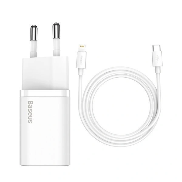 Baseus síťová nabíječka Super Si, USB-C, PD, 20W, bílá + kabel USB-C - Lightning, M/M, 1m