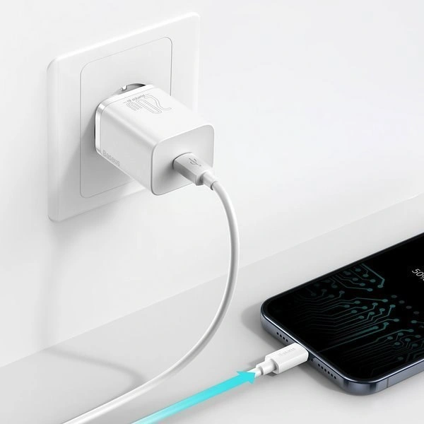 Baseus síťová nabíječka Super Si, USB-C, PD, 20W, bílá + kabel USB-C - Lightning, M/M, 1m