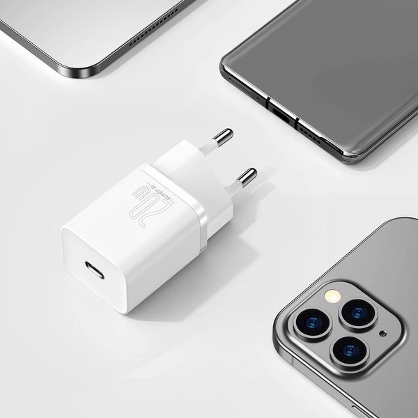 Baseus síťová nabíječka Super Si, USB-C, PD, 20W, bílá + kabel USB-C - Lightning, M/M, 1m