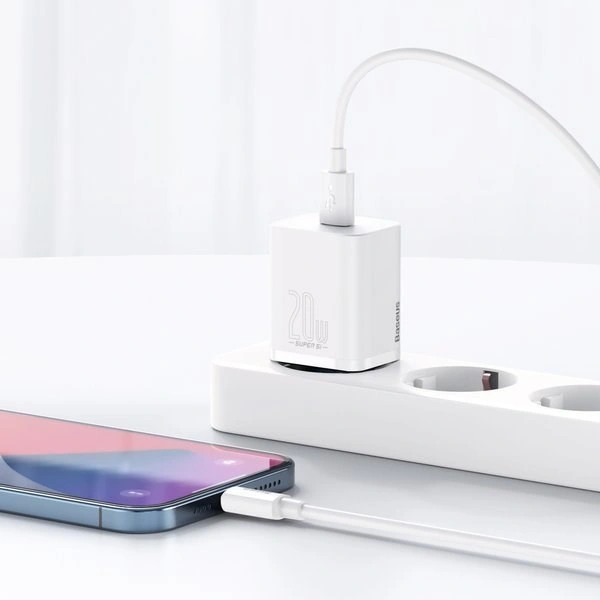 Baseus síťová nabíječka Super Si, USB-C, PD, 20W, bílá + kabel USB-C - Lightning, M/M, 1m