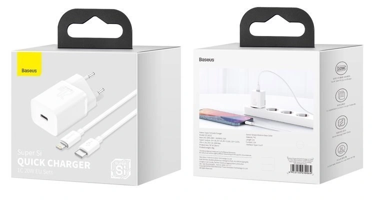 Baseus síťová nabíječka Super Si, USB-C, PD, 20W, bílá + kabel USB-C - Lightning, M/M, 1m