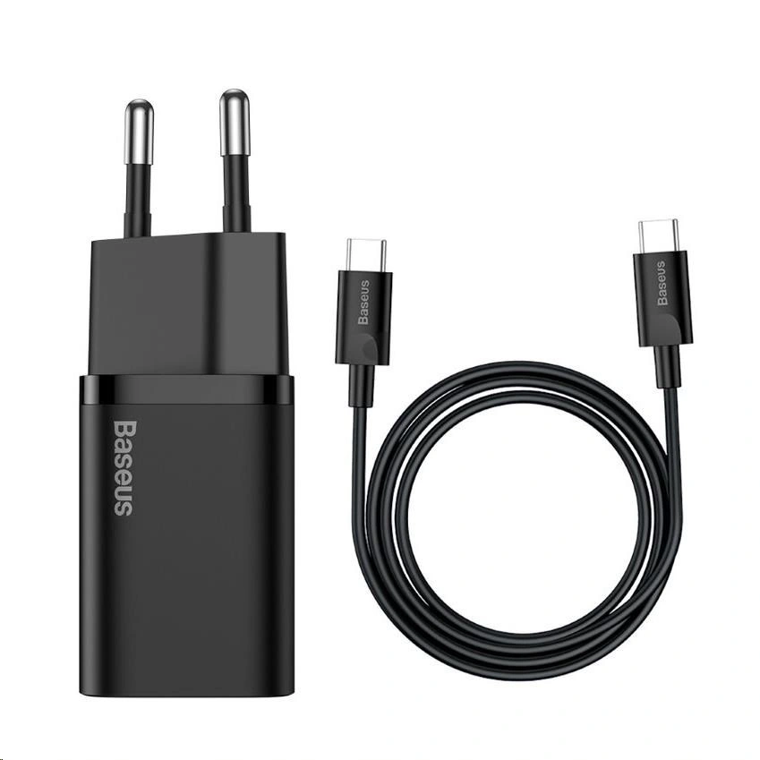 Baseus síťová nabíječka Super Si Quick 1C, USB-C, 25W, černá + kabel USB-C - USB-C, 3A, 1M, černá