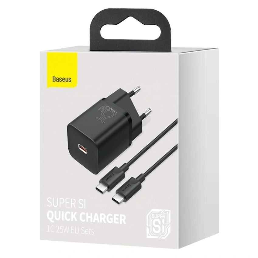 Baseus síťová nabíječka Super Si Quick 1C, USB-C, 25W, černá + kabel USB-C - USB-C, 3A, 1M, černá