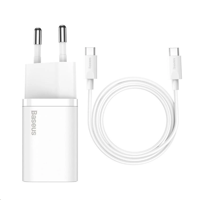 Baseus síťová nabíječka Super Si Quick 1C, USB-C, 25W, bílá + kabel USB-C - USB-C, 3A, 1M, bílá