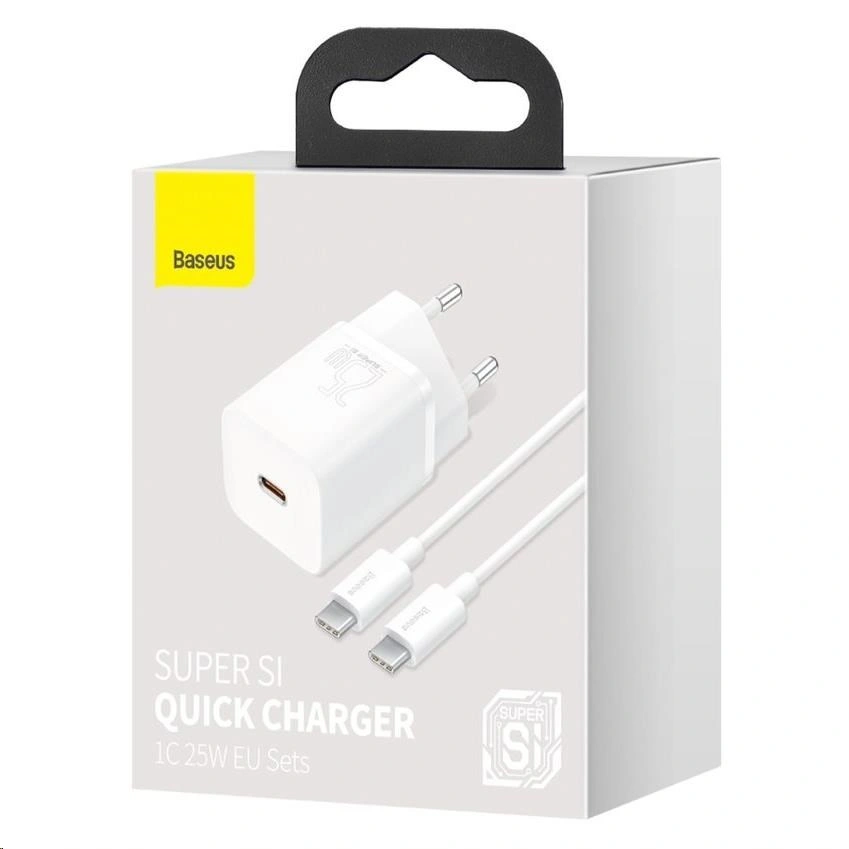 Baseus síťová nabíječka Super Si Quick 1C, USB-C, 25W, bílá + kabel USB-C - USB-C, 3A, 1M, bílá