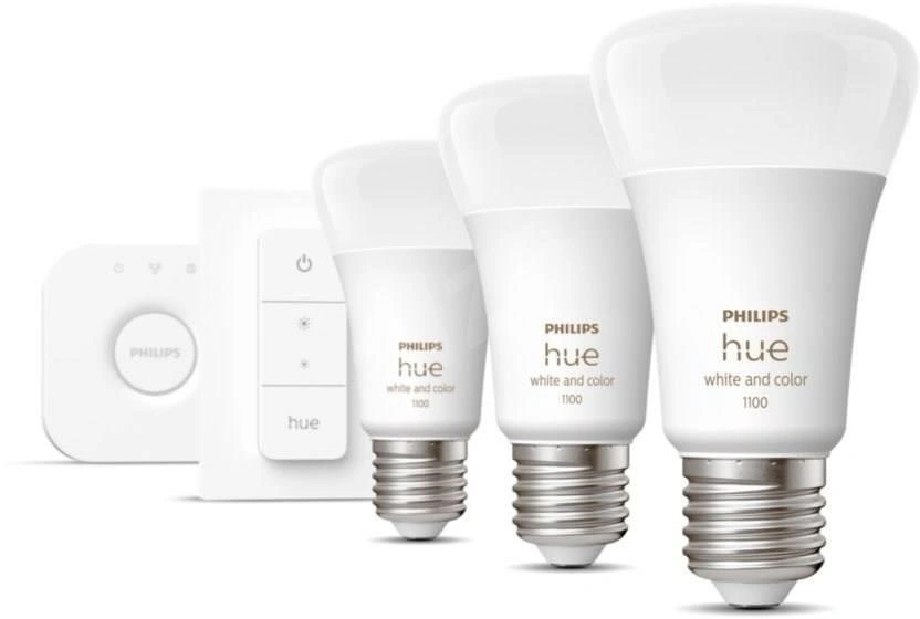 Philips žárovka Hue E27, LED, 9W, 16 mil. barev, 3ks + bridge + 2x switch - 2. generace s BT