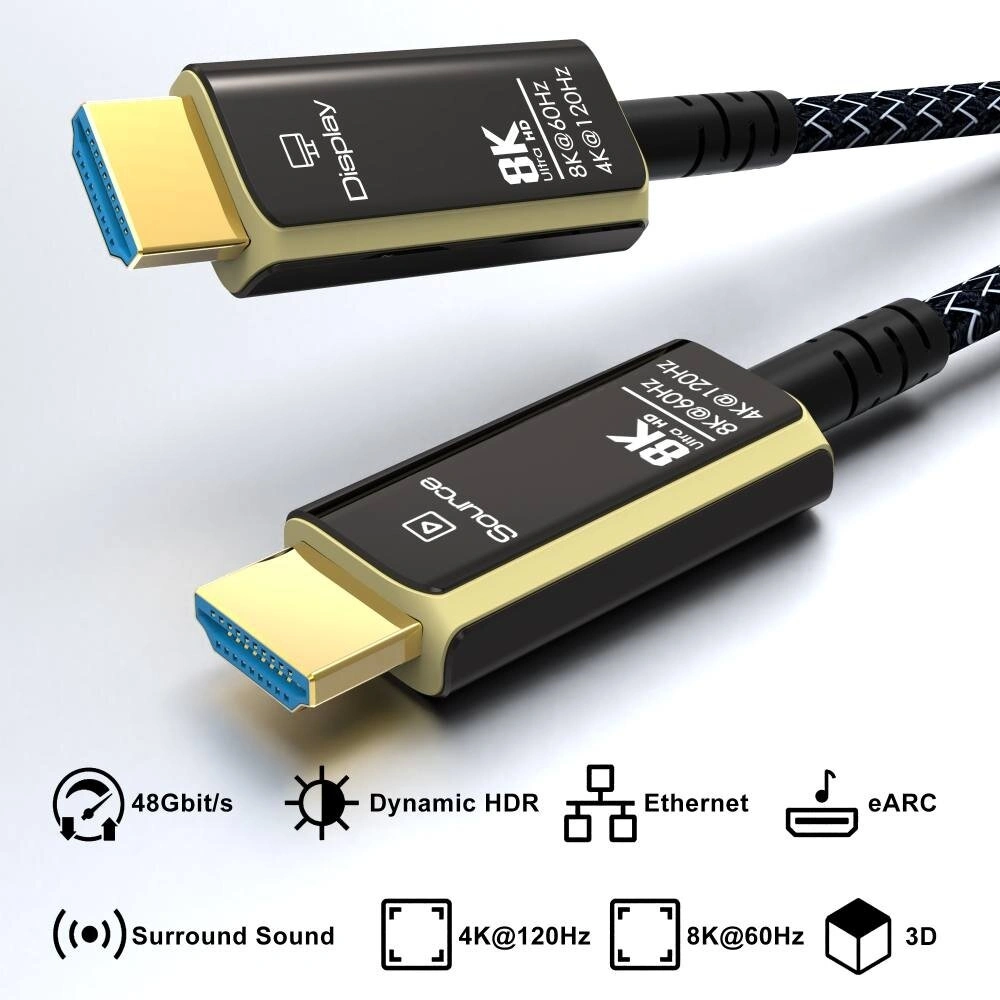 PremiumCord optický fiber kabel, Ultra High Speed HDMI 2.1, 8K@60Hz, zlacené, opletený, 20m
