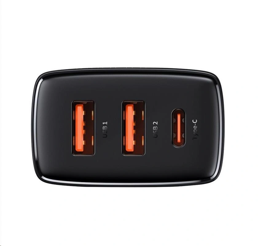 Baseus rychlonabíjecí adaptér, 2x USB-A, 1x USB-C, 30W, černá