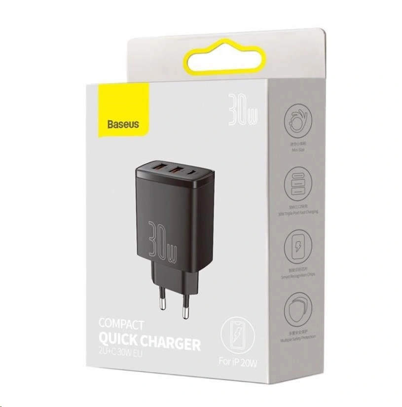 Baseus rychlonabíjecí adaptér, 2x USB-A, 1x USB-C, 30W, černá