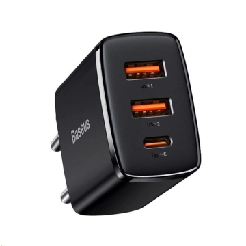 Baseus rychlonabíjecí adaptér, 2x USB-A, 1x USB-C, 30W, černá