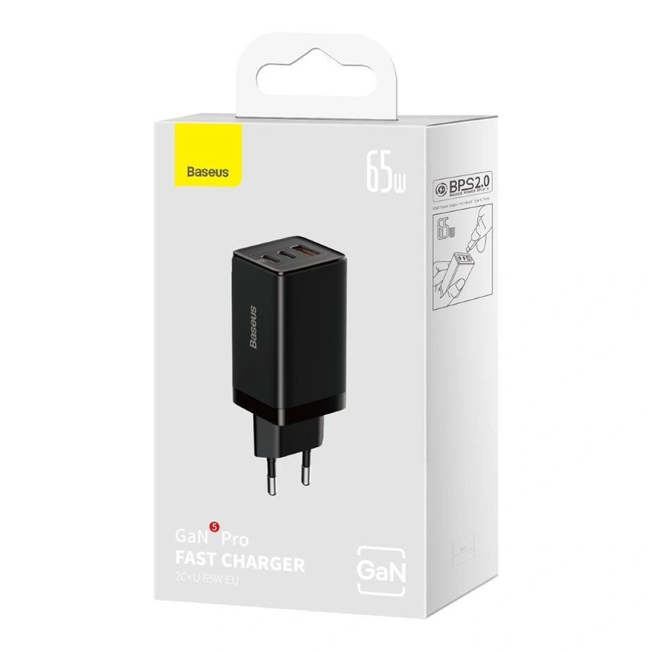 Baseus rychlonabíjecí adaptér GaN5 Pro, 2x USB-C, USB-A, 65W, černá