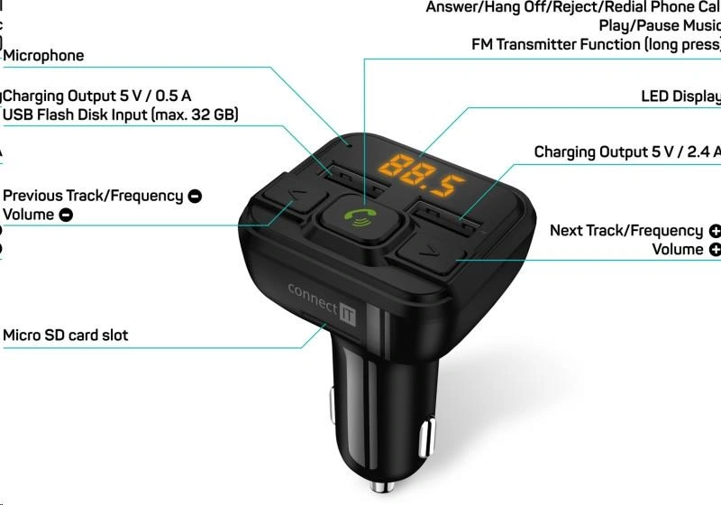 CONNECT IT InCarz Bluetooth transmitter, černá