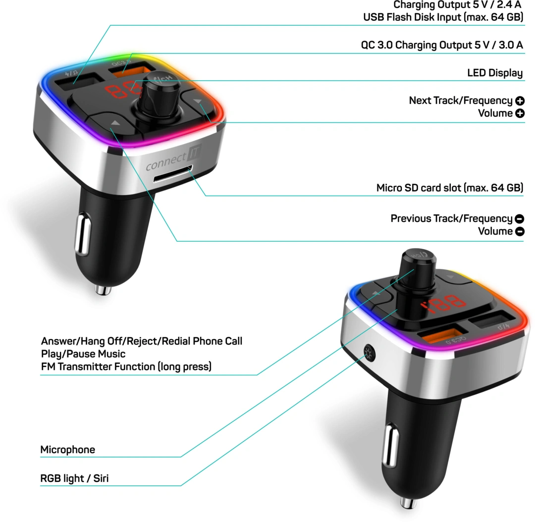 CONNECT IT CarRGB Bluetooth transmitter, stříbrná