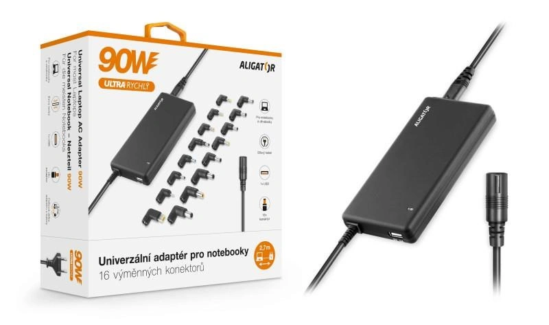 ALIGATOR univerzální adaptér pro notebooky 90W, 16 výměnných konektorů a USB, černá