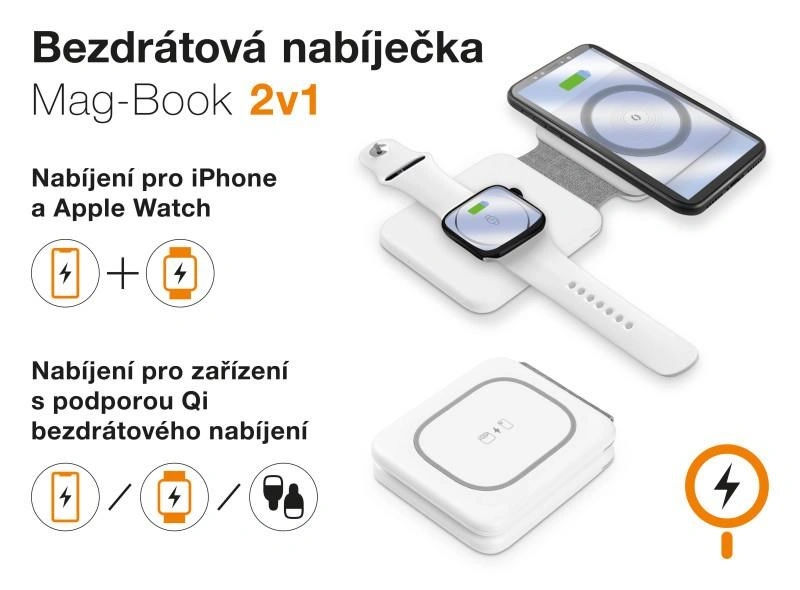 Aligator Bezdrátová nabíječka Mag-Book 2v1, určeno pro MagSafe a nabíjení Apple Watch, 15W, bílá