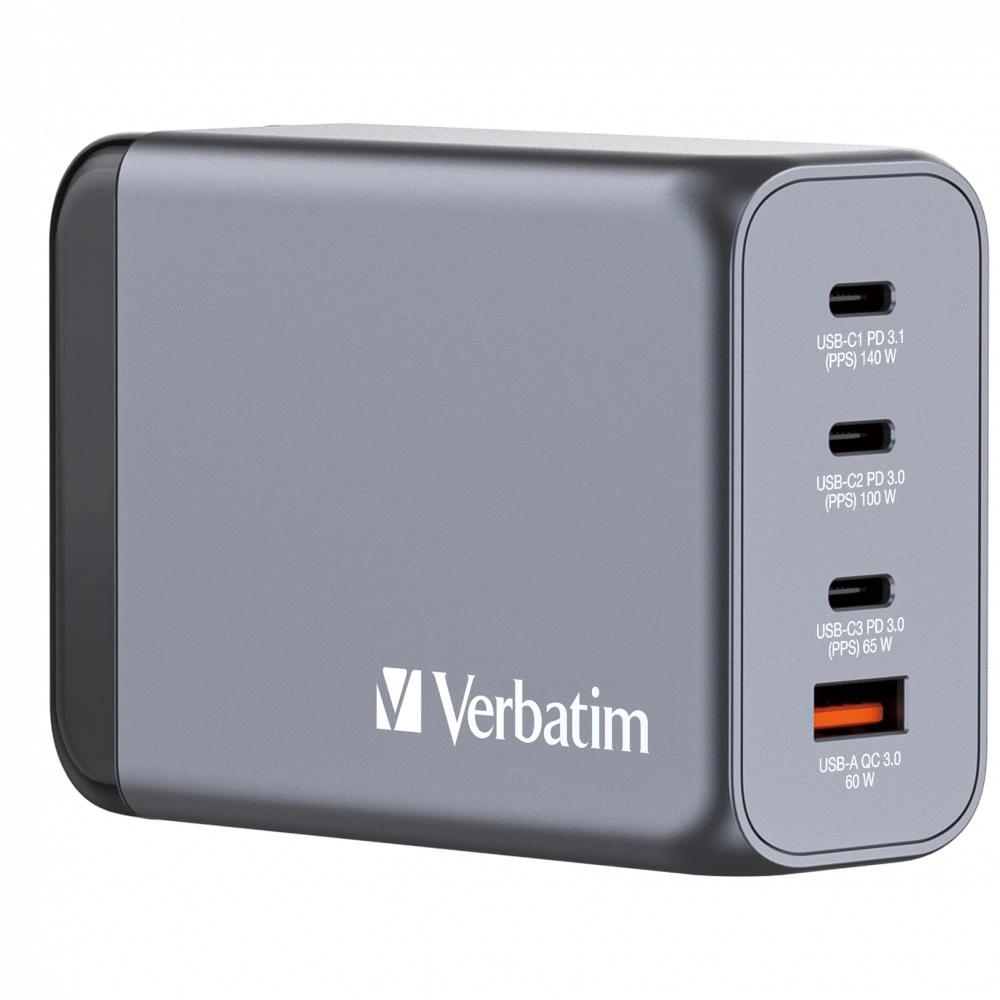 Verbatim cestovní adaptér GNC-240, GaN, 3x USB-C PD 140W/100W/65W, 1xUSB-A QC 3.0, šedá