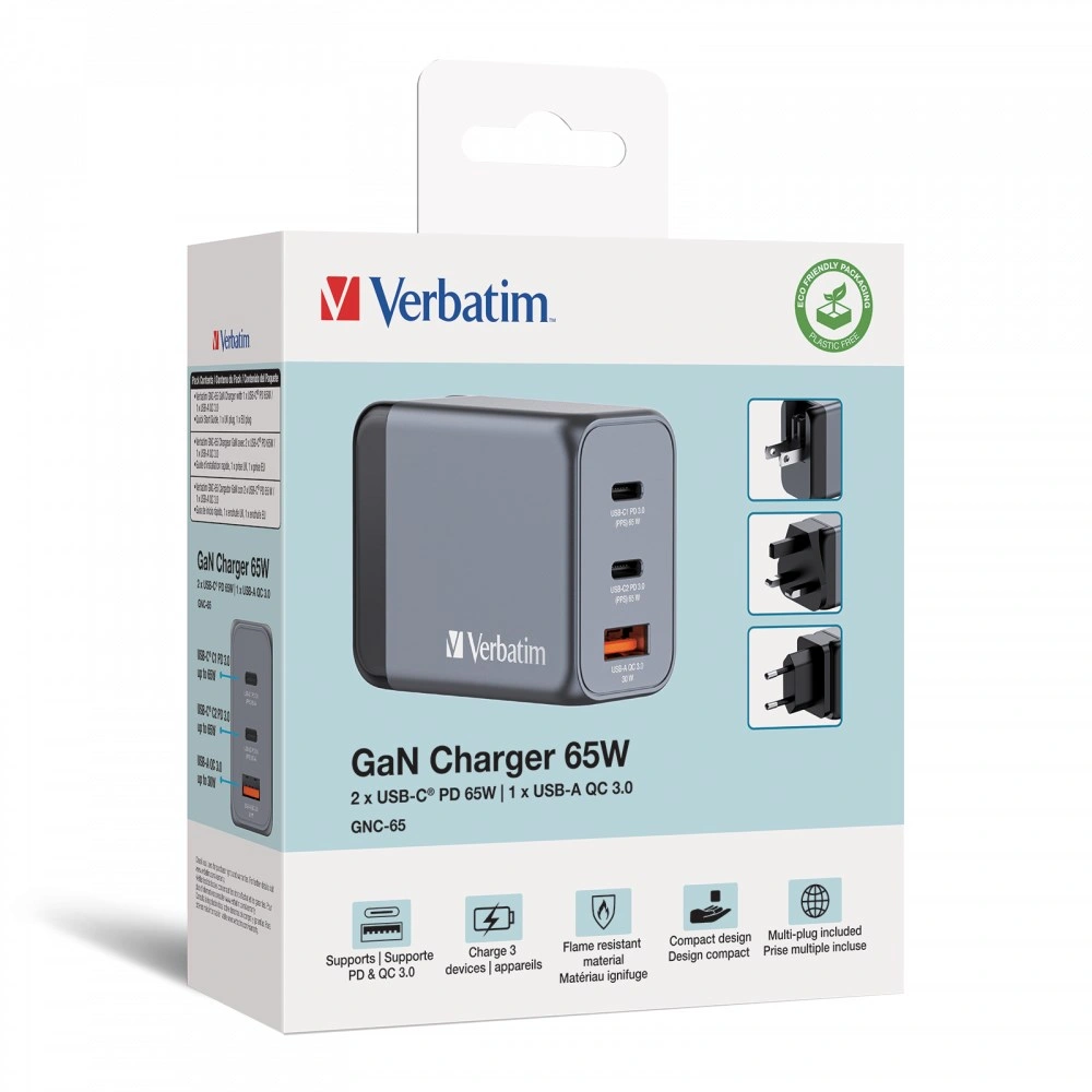 Verbatim cestovní adaptér GNC-65, GaN, 2xUSB-C PD 65W, 1xUSB-A QC 3.0