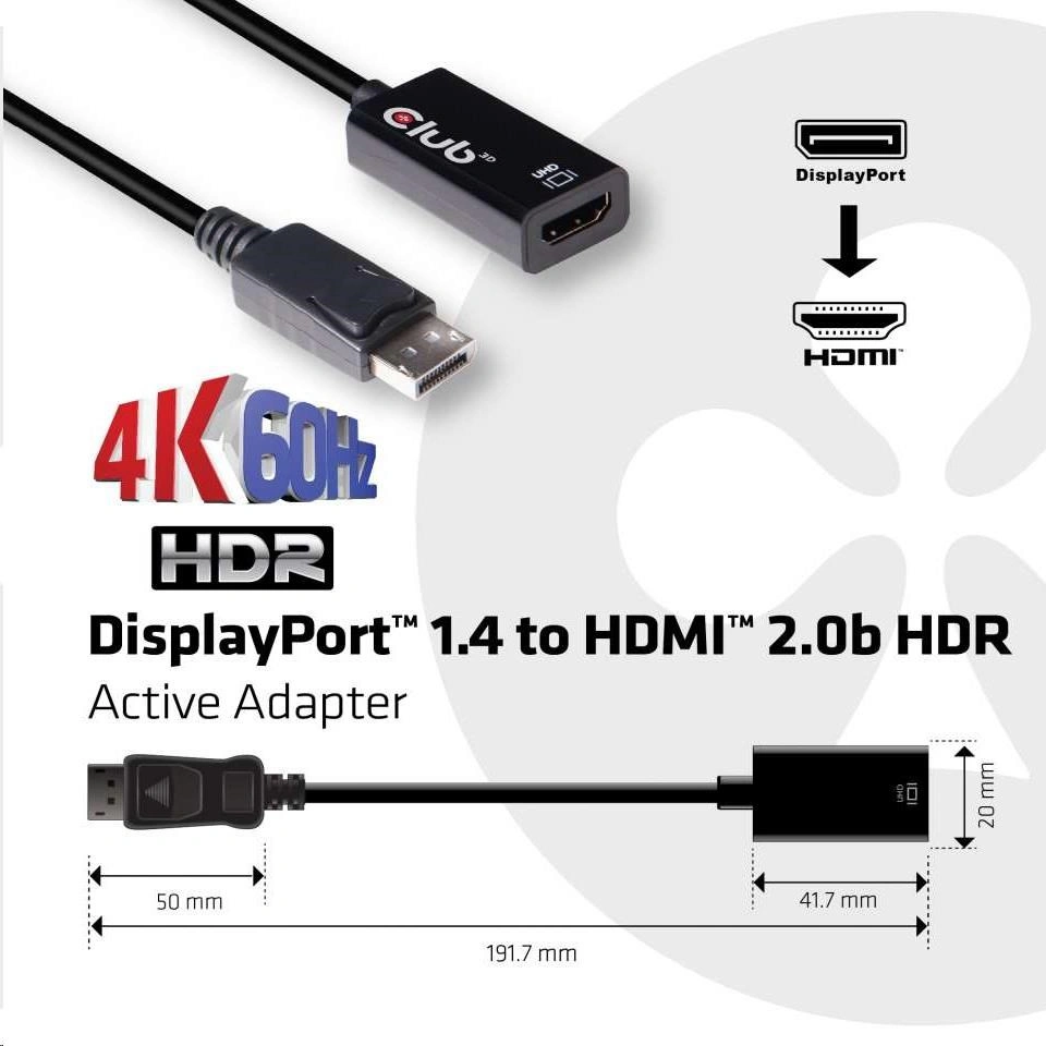 Club3D DisplayPort 1.4 na HDMI 2.0a 4K 60Hz, aktivní adaptér