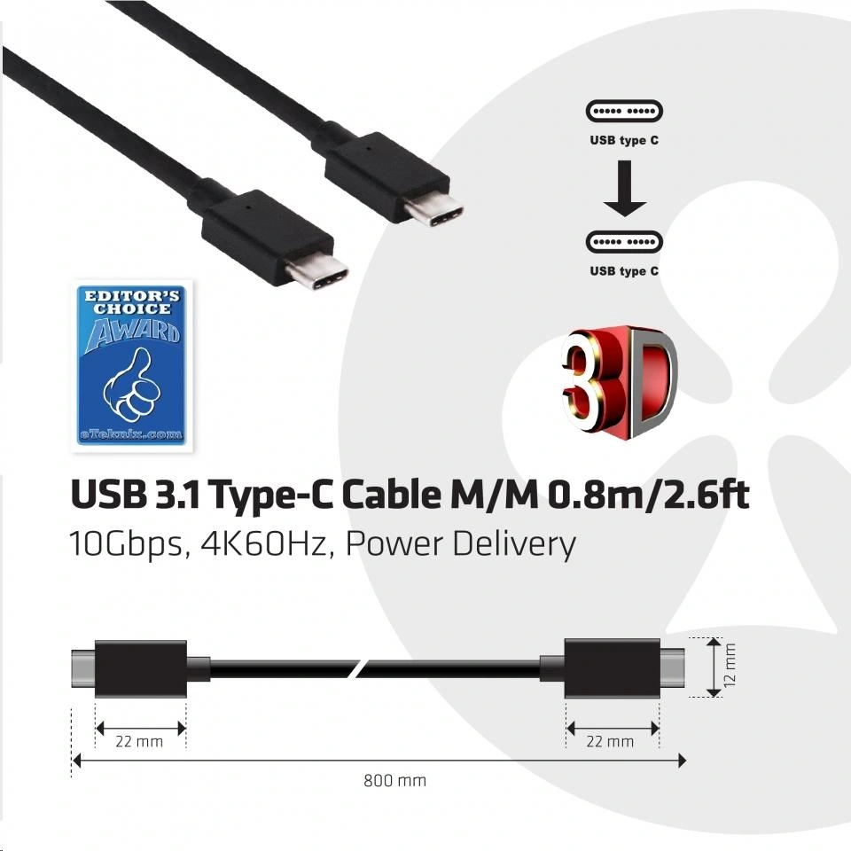 Club3D USB 3.1 TYPE C na USB 3.1 TYPE C, Power delivery, 0.8m