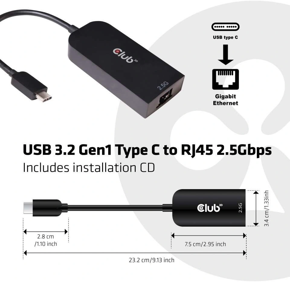 Club3D adaptér USB 3.2 Gen 1 Typ C na RJ45 2.5Gbps, 24cm