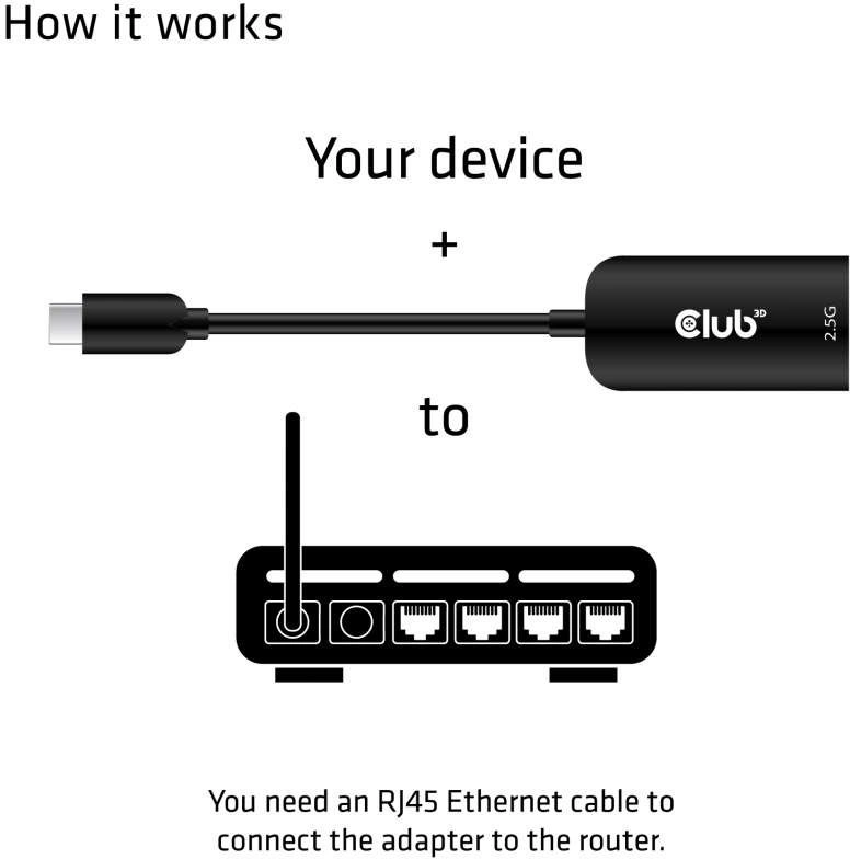 Club3D adaptér USB 3.2 Gen 1 Typ C na RJ45 2.5Gbps, 24cm