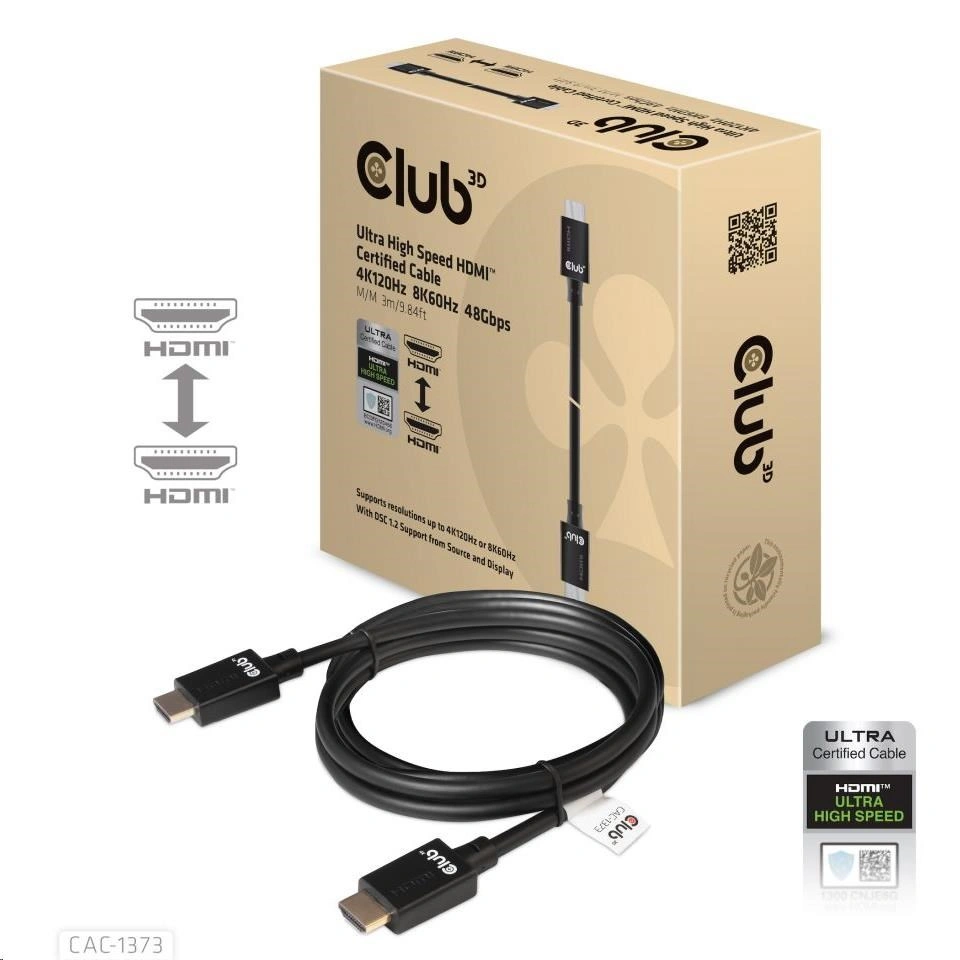 Club3D kabel HDMI 2.1, M/M, 4K@120Hz, 8K@60Hz, Ultra High Speed, 3m, černá