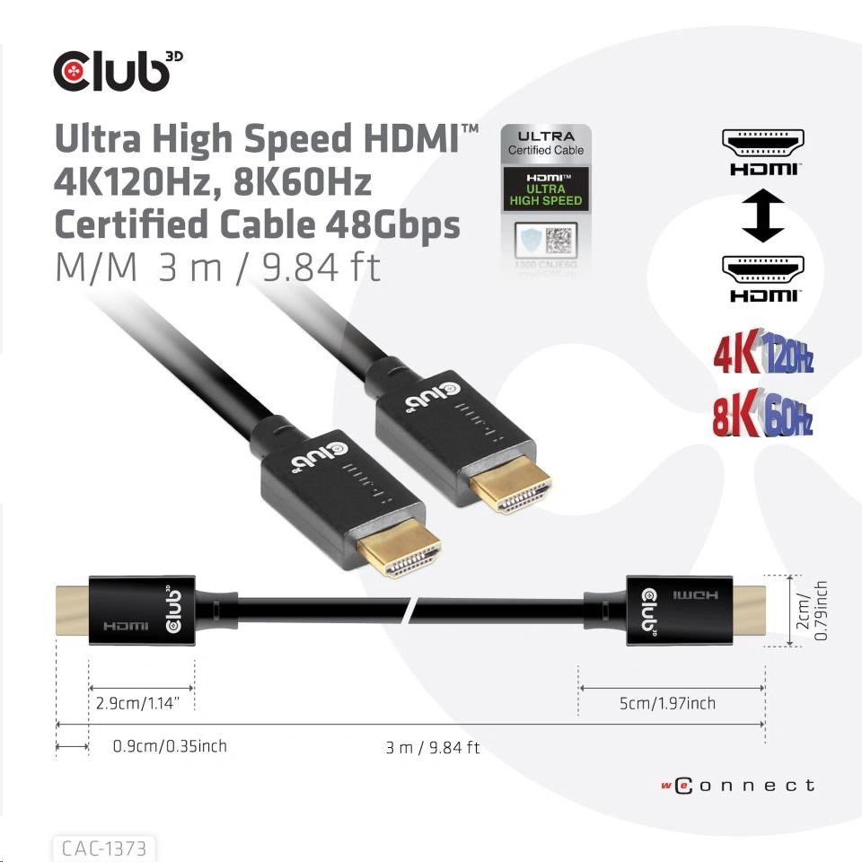 Club3D kabel HDMI 2.1, M/M, 4K@120Hz, 8K@60Hz, Ultra High Speed, 3m, černá