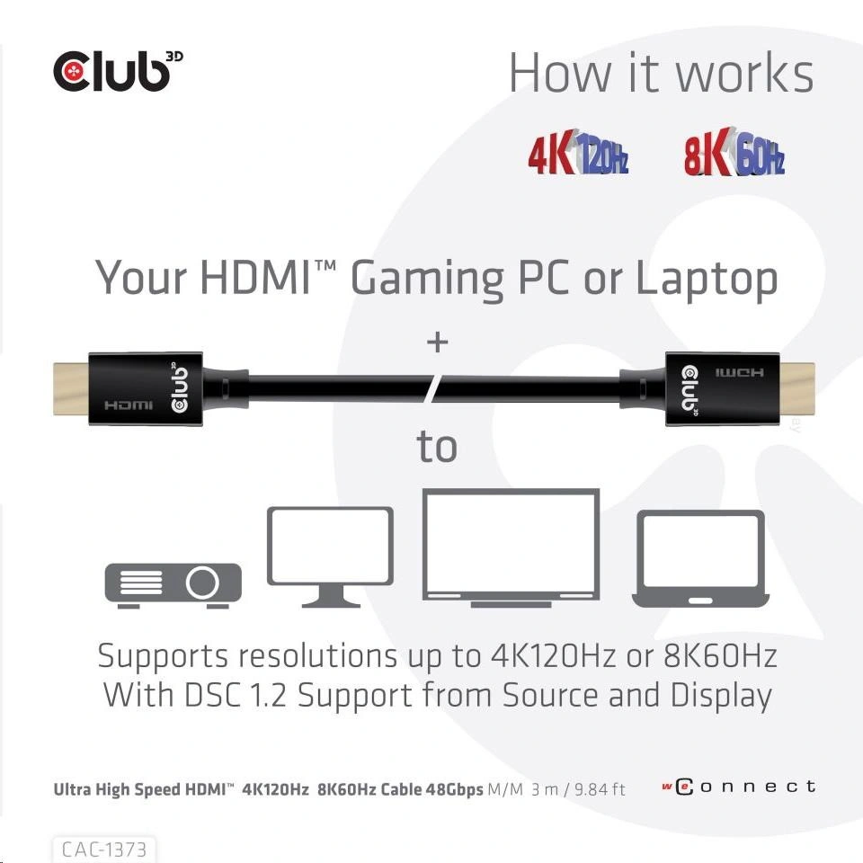 Club3D kabel HDMI 2.1, M/M, 4K@120Hz, 8K@60Hz, Ultra High Speed, 3m, černá