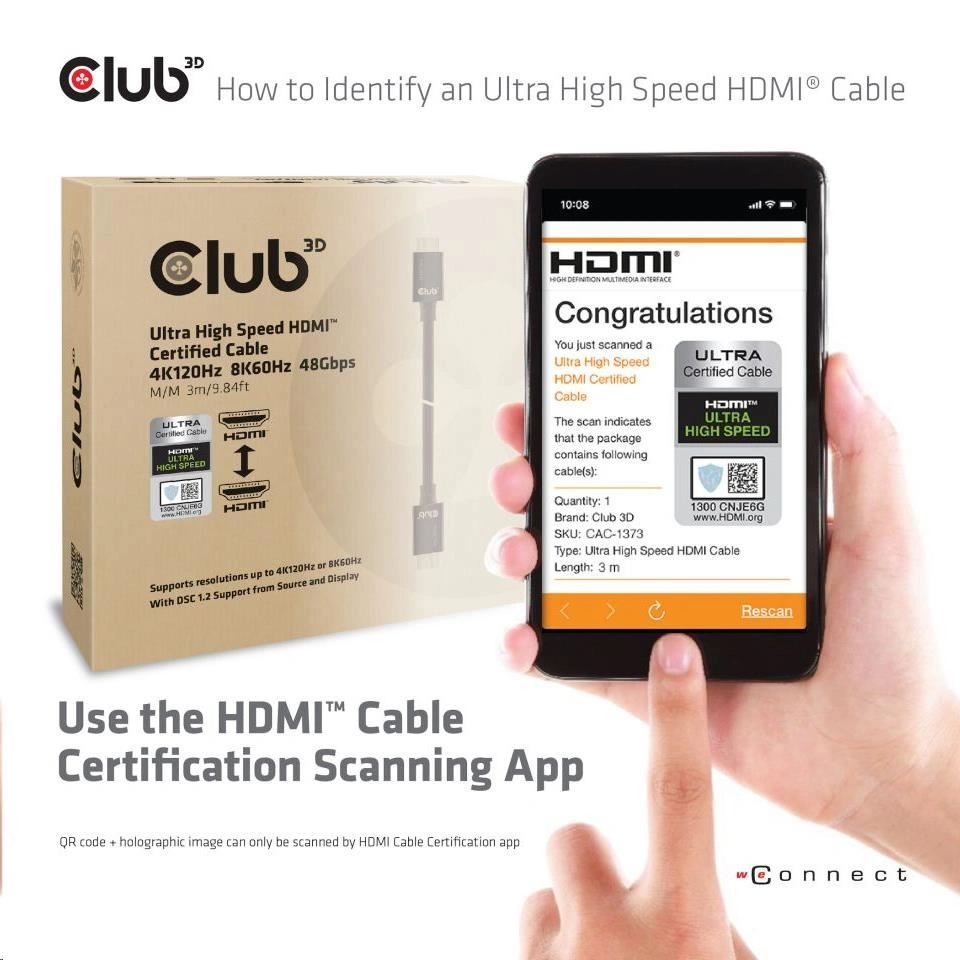 Club3D kabel HDMI 2.1, M/M, 4K@120Hz, 8K@60Hz, Ultra High Speed, 3m, černá