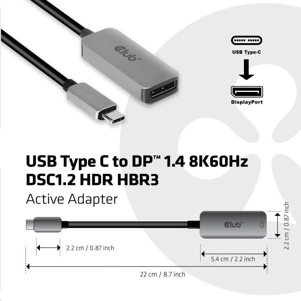 Club3D adaptér USB-C - DisplayPort 1.4, M/F, 8K@60Hz, 22cm, stříbrná