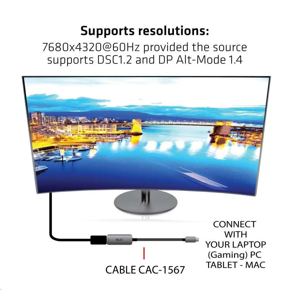 Club3D adaptér USB-C - DisplayPort 1.4, M/F, 8K@60Hz, 22cm, stříbrná