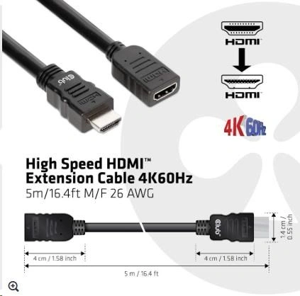 Club3D prodlužovací kabel HDMI 2.0, M/F, 4K@60Hz, High Speed, 5m, černá