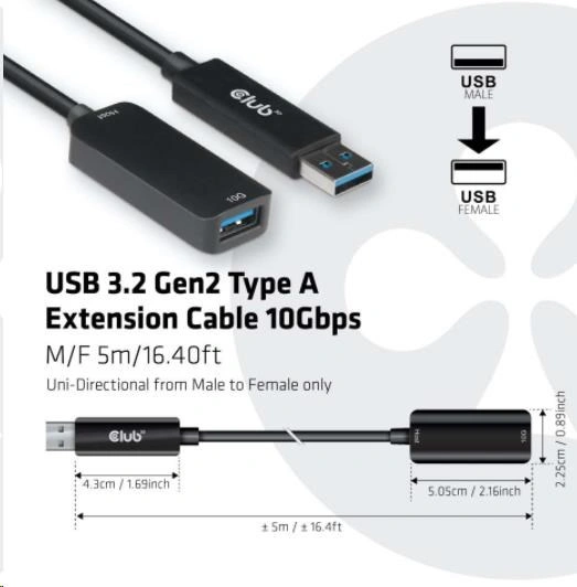 Club3D prodlužovací kabel USB-A 3.2 Gen2, M/F, 10Gbps, 5m, černá