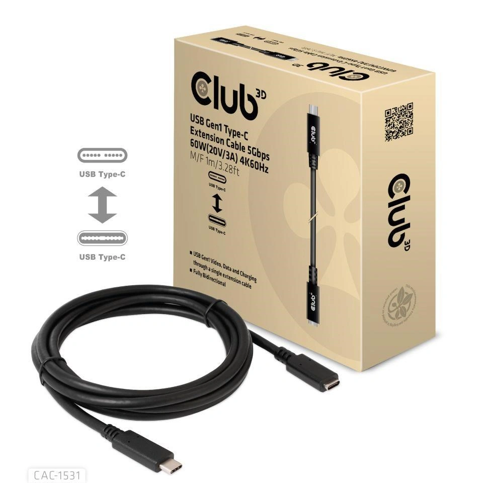 Club3D prodlužovací kabel USB-C, 5Gbps, 60W(20V/3A), 4K@60Hz (M/F), 1m