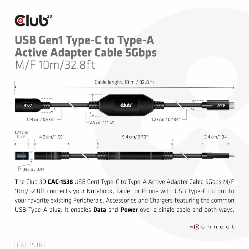 Club3D kabel USB-C - USB-A, 5 Gbps (M/F), 10m