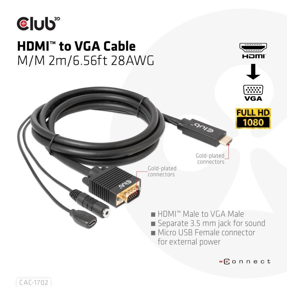 Club3D kabel HDMI na VGA, M/M, 28AWG, 2m