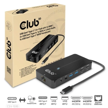 Club3D HUB USB-C 7v1, 2x HDMI, 2x USB-A Gen1, RJ45, 3.5mm jack, SD, PD 100W