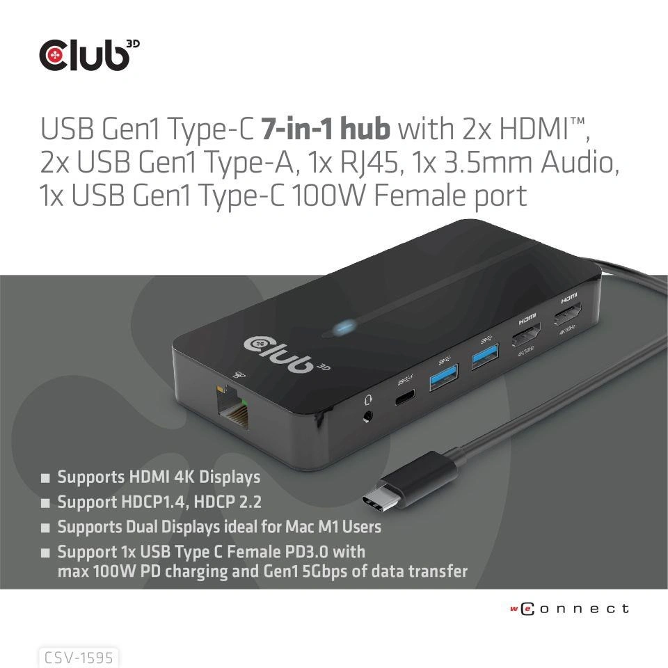 Club3D HUB USB-C 7v1, 2x HDMI, 2x USB-A Gen1, RJ45, 3.5mm jack, SD, PD 100W