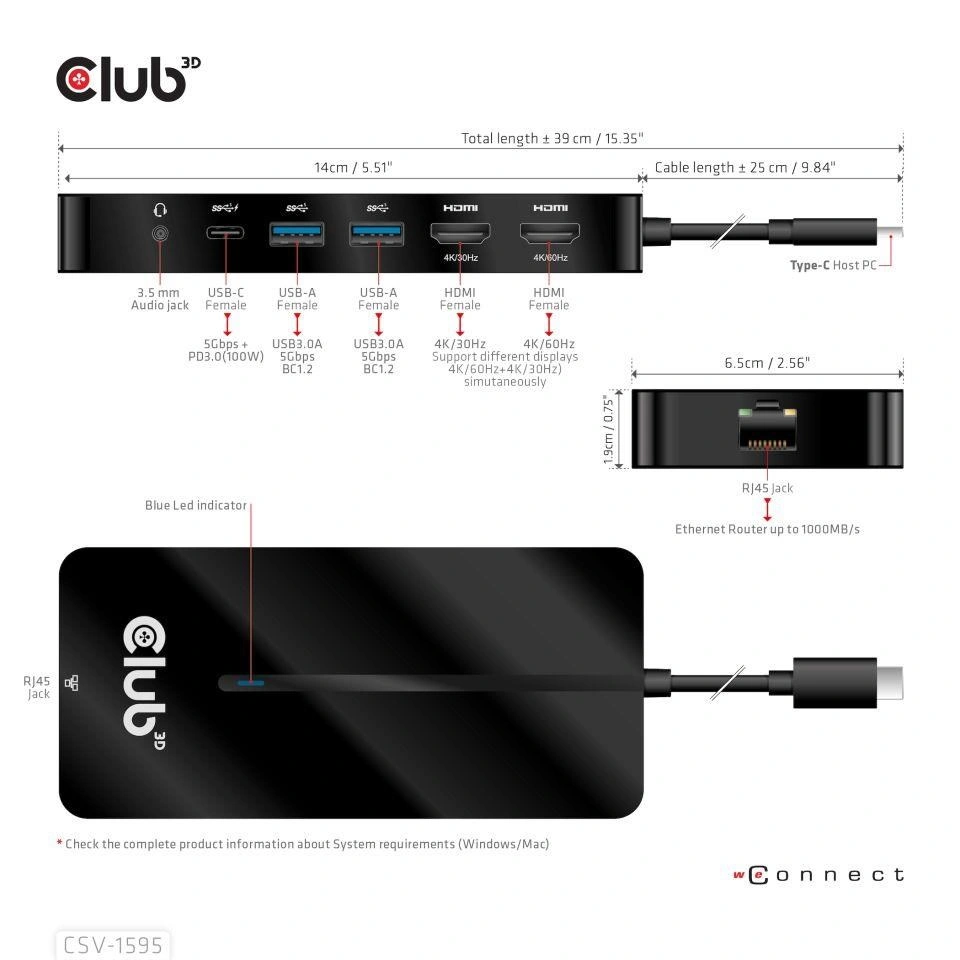 Club3D HUB USB-C 7v1, 2x HDMI, 2x USB-A Gen1, RJ45, 3.5mm jack, SD, PD 100W