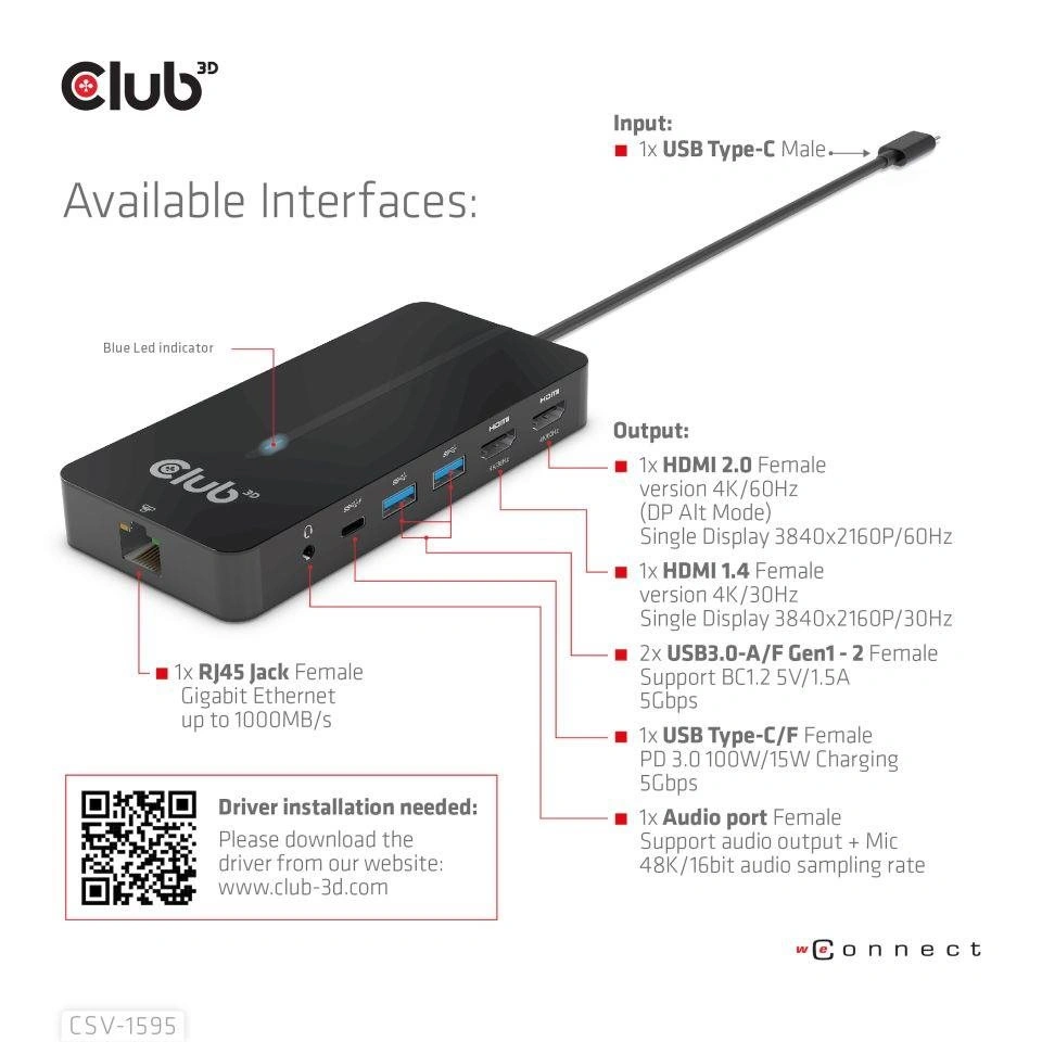 Club3D HUB USB-C 7v1, 2x HDMI, 2x USB-A Gen1, RJ45, 3.5mm jack, SD, PD 100W