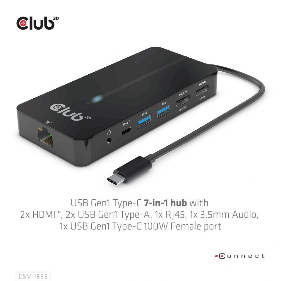 Club3D HUB USB-C 7v1, 2x HDMI, 2x USB-A Gen1, RJ45, 3.5mm jack, SD, PD 100W