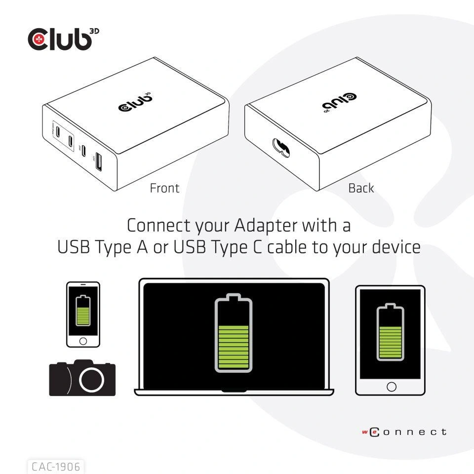 Club3D síťová nabíječka, GAN technologie, 4xUSB-A a USB-C, PD 3.0 Support, 132W , černá