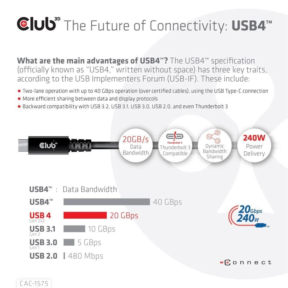 Club3D kabel USB-C, Data 20Gbps, PD 240W(48V/5A) EPR, M/M, 2m