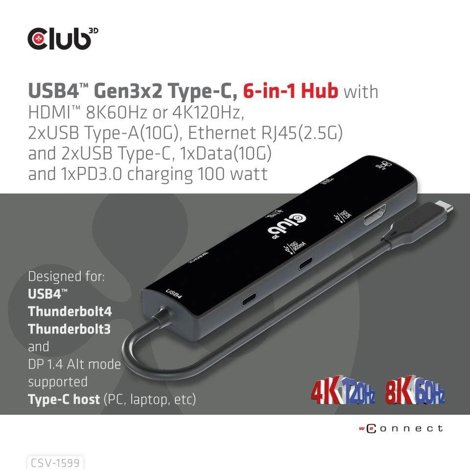 Club3D hub USB-C, 6-in-1 Hub s HDMI 8K60Hz/4K120Hz, 2xUSB-A, RJ45 a 2xUSB-C, 1xData, 1xPD 3.0