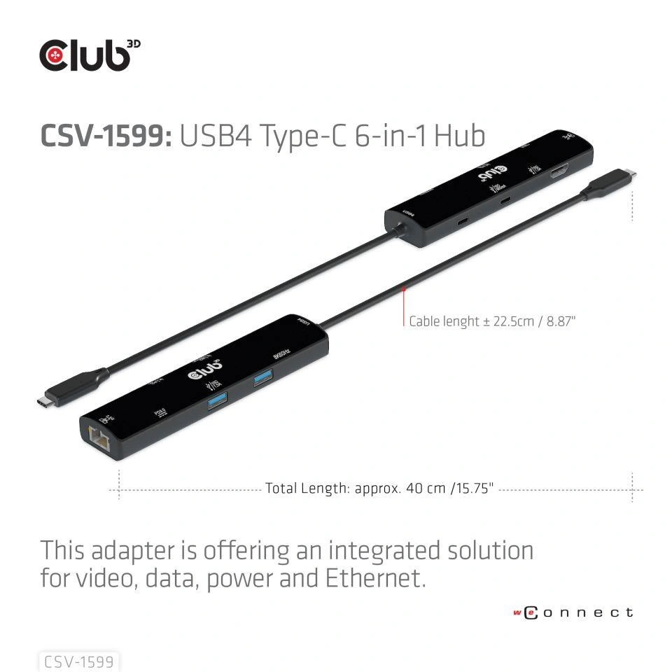 Club3D hub USB-C, 6-in-1 Hub s HDMI 8K60Hz/4K120Hz, 2xUSB-A, RJ45 a 2xUSB-C, 1xData, 1xPD 3.0