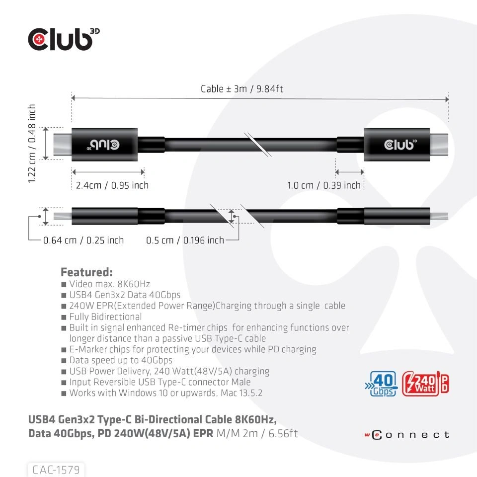 Club3D kabel USB4 Gen3x2, 8K@60Hz, Power Delivery 240W, 3m, černá