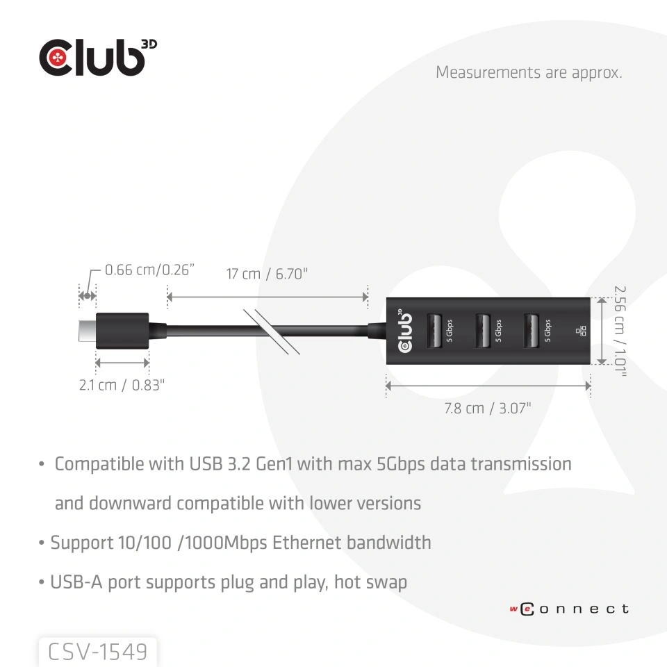 Club 3D Hub USB-C 3.2 na 3xUSB-A 3.2 + RJ45 1Gbps (CSV-1549)