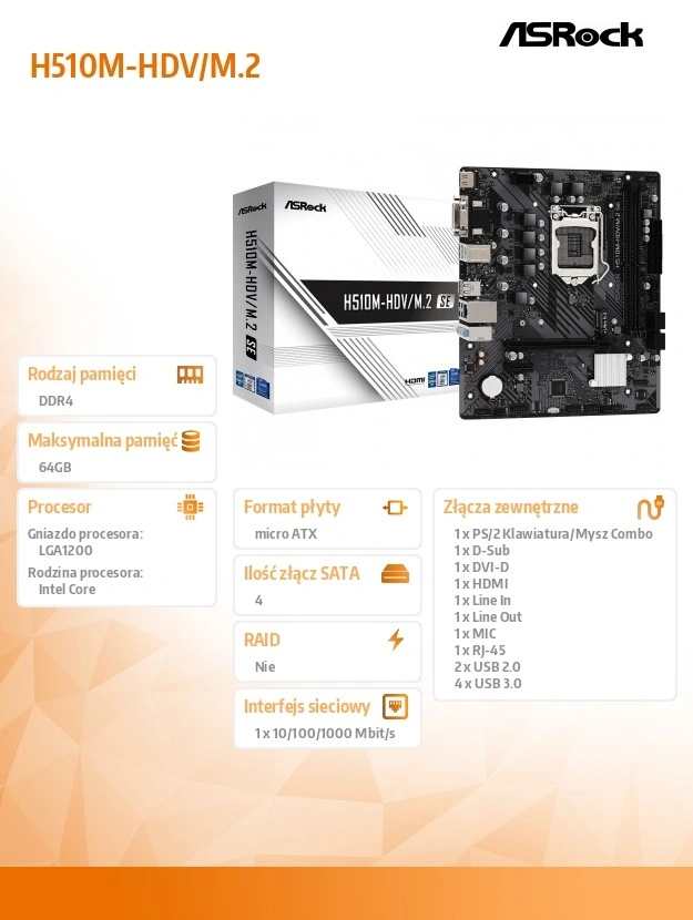 ASRock H510M-HDV/M.2 SE / Intel H470 / LGA1200/ 2x DDR4 / M.2 / VGA / DVI-D / HDMI / mATX