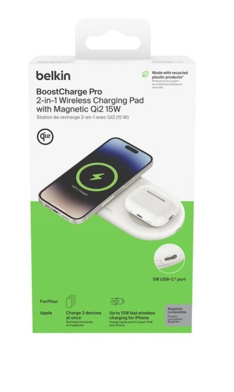 Belkin 2v1 Qi2 15W Magnetic Charging Pad, white